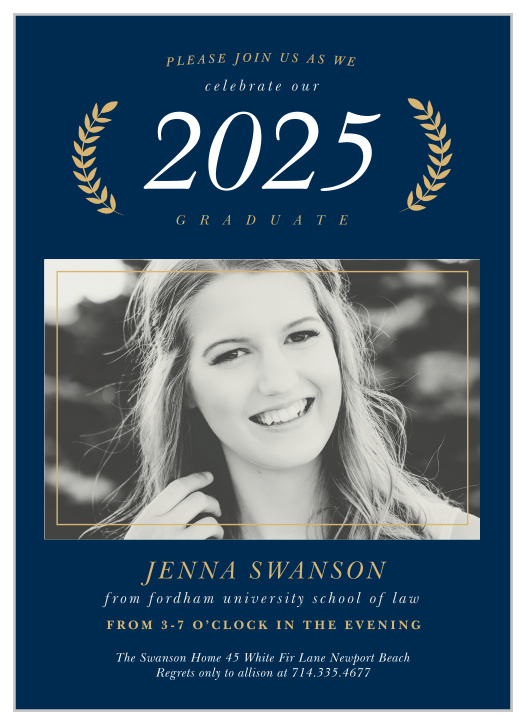 Invite your closest supporters to celebrate with you with our Law School Laurels Graduation Invitations.