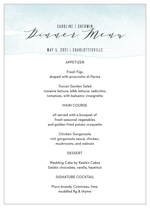 Let your loved ones know what you will be serving on your wedding day with our MaeMae's Maeve Wedding Menus.