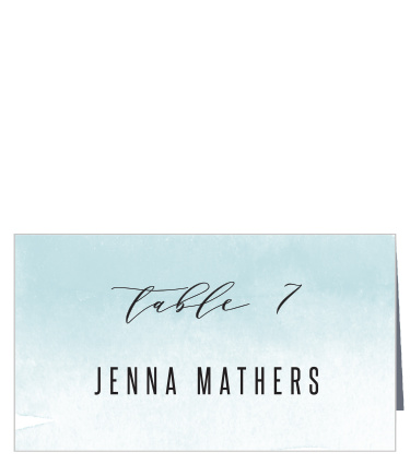Our MaeMae's Maeve Place Cards displays an arctic-blue watercolor design against a white background that will add a touch of class to your wedding. 