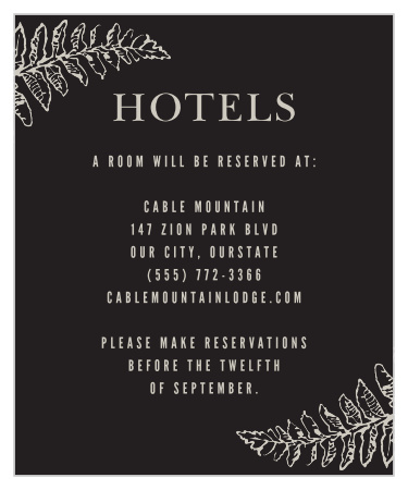 Mirrored illustrations of arching leaves frame every word of your local recommendation, the pseudo-silver standing out in brilliant relief against the sheer black background on our MaeMae's Eden Accommodation Cards.