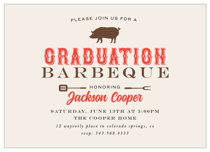 Bring your loved ones together for a barbeque party with the Roasted Pig Graduation Party Invitations!