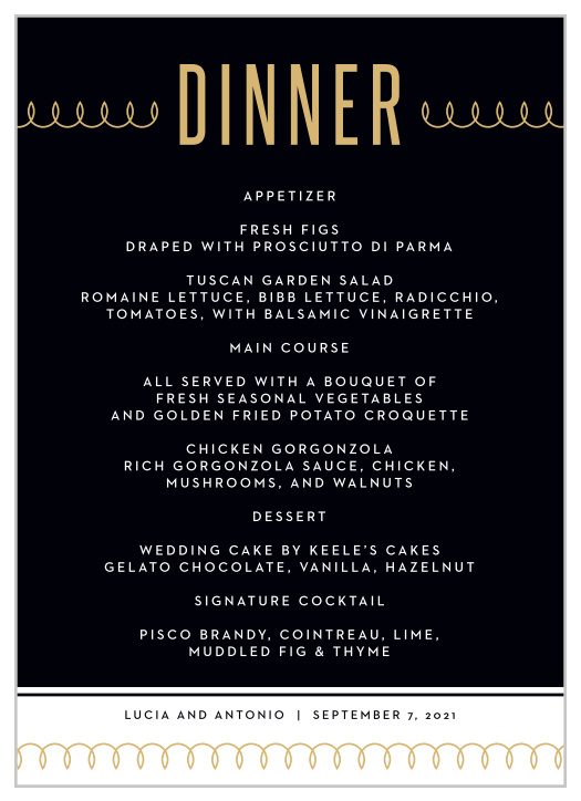 Your guests' mouths will be watering when they lay eyes on MaeMae's Leo Wedding Menus!