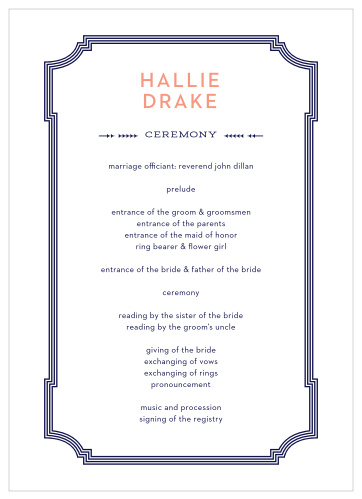 Inform your family and friends on what's happening during your wedding with our MaeMae's Drake Wedding Programs.