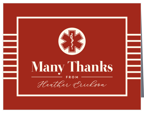 Our Paramedic Cross Graduation Thank You Card is classically colored and embellished with the star of life sigil.