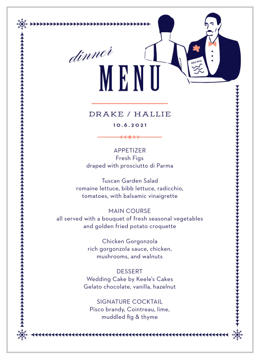 Inform your loved ones what delicious foods you will have served on your wedding day with our MaeMae's Drake Wedding Menus