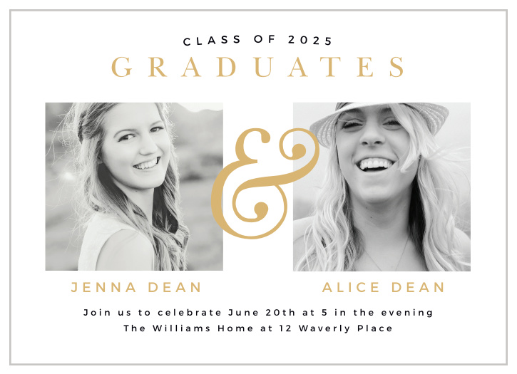 Request the presence of your family and friends to come and support you and your twin on your big day with our Two Twins Graduation Invitations.