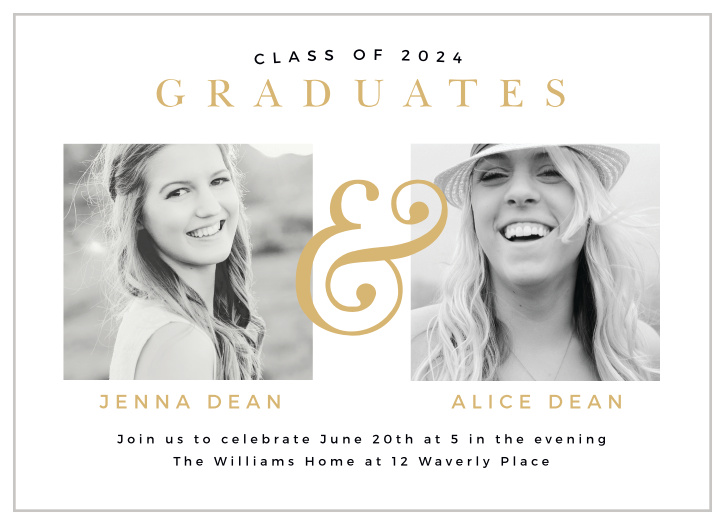 Request the presence of your family and friends to come and support you and your twin on your big day with our Two Twins Graduation Invitations.