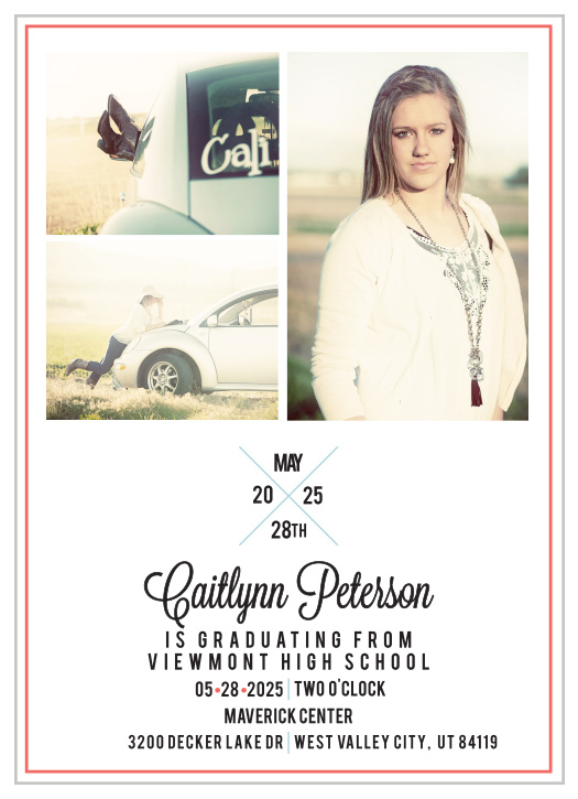 Stand out with this one of a kind Grad Announcement. Show off your senior this glorious event. Customize the colors and fonts to fit your personality! Enter your graduation day details as well as the after party celebration! 