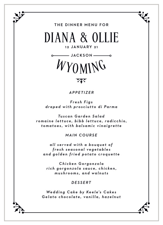 Inform your loved ones what you will be serving on your wedding day with our MaeMae's Ollie Wedding Menu.