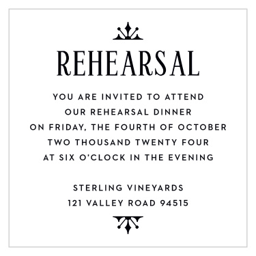 Inform your family and friends of the where and when of your wedding ceremony with our MaeMae's Ollie Rehearsal Cards. 