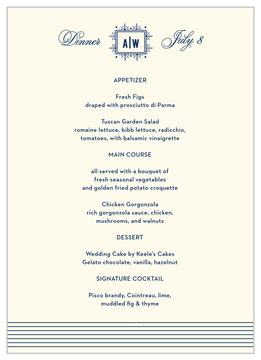 Our MaeMae's Jack Wedding Menus are a perfectly charming way to treat your guests to a memorable dining experience.