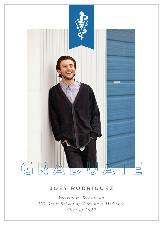 A flag emblazoned with the Rod of Asclepius descends upon your best portrait for our Veterinary School Graduation Announcements.