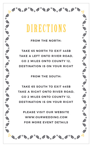 You can make sure your guests don't get lost navigating to your wedding venue when you send out MaeMae's Quimby Direction Cards!