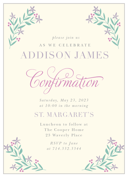 The dainty florals and light color scheme of our Simple Foliage Confirmation Invitations make them perfect for this exciting occasion.