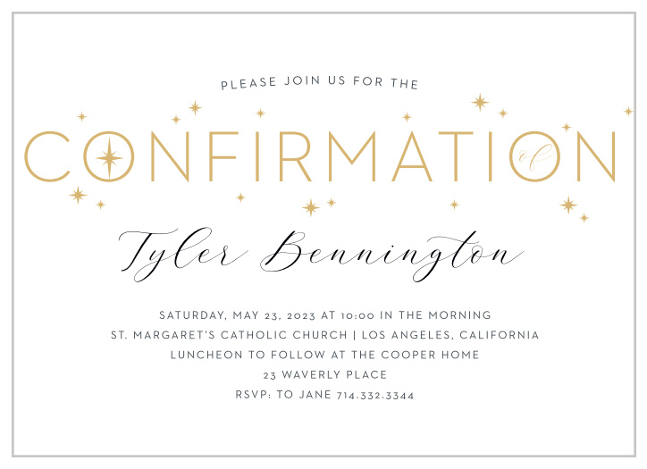 Gold foil makes a shimmering appearance on our Celestial Gold Confirmation Invitations.