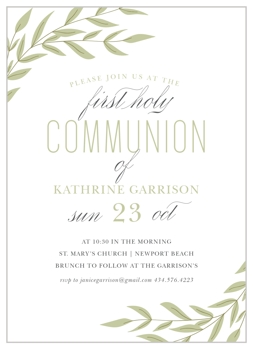 Laurel Calligraphy Communion Invitations