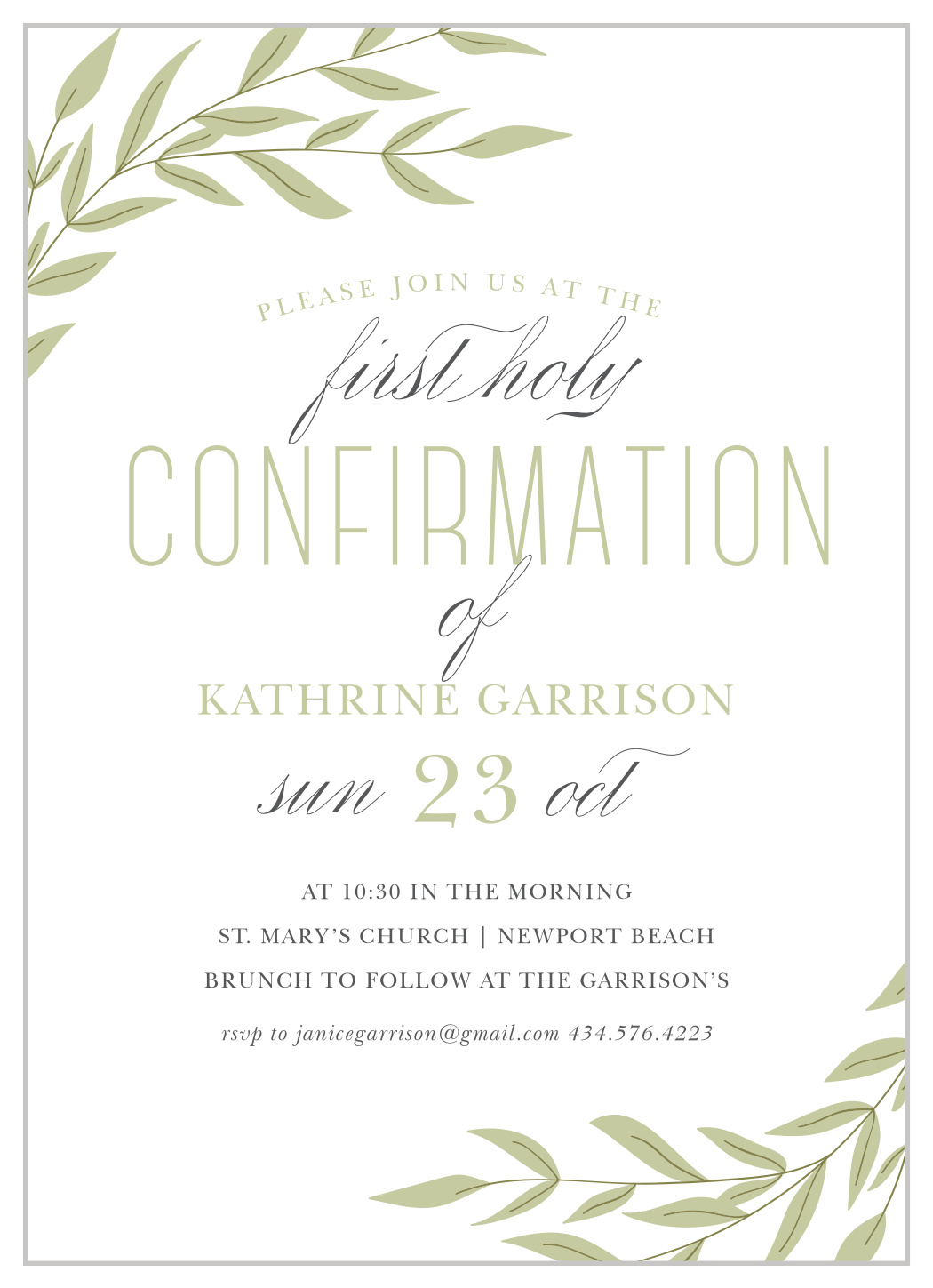Laurel Calligraphy Confirmation Invitations