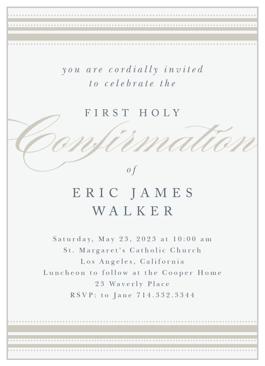 Provide every detail of your young one's big day with the unforgettable style of our Striped & Dotted Confirmation Invitations. A beautiful collection of beige and off-white form the framework of the card, a gorgeous backdrop for each word of your granite-colored text.