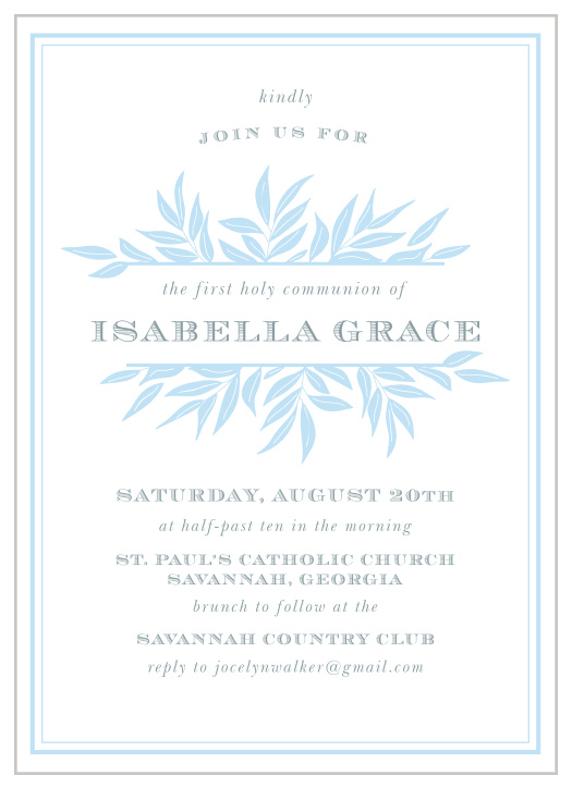 The Loose Laurels Confirmation Invitations feature a light pastel blue that perfectly matches the tone of this joyous occasion!