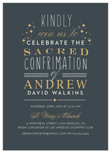 Gather together the people you adore most to celebrate your little sprout with our Stacked Typography Confirmation Invitations. 