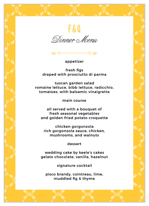 You'll love the bold colors on MaeMae's Quimby Wedding Menus!