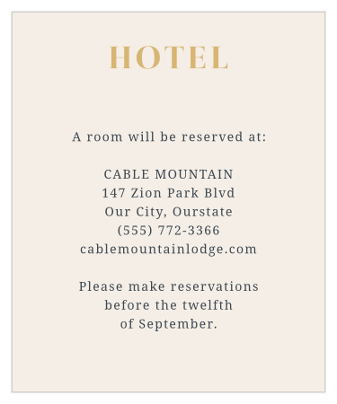 Our Trimmed In Gold Accommodation Card is perfect for letting your friends and family where to stay. 