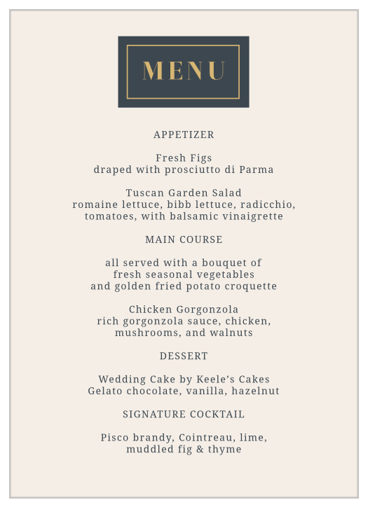 Serve up your dinner information on our Trimmed In Gold Wedding Menus.