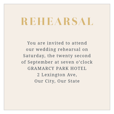 Let your loved ones know about your rehearsal with our Trimmed In Gold Rehearsal Cards.