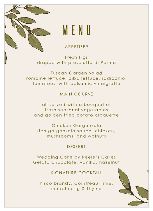 Beautiful leaves coat the pages of our Whimsical Wonderland Wedding Menus!