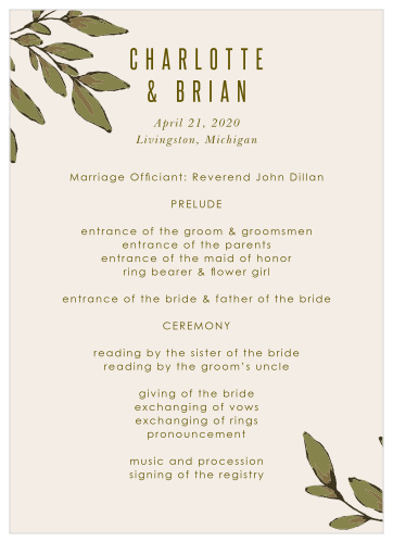 Beautiful leaves coat the pages of our Whimsical Wonderland Wedding Programs!