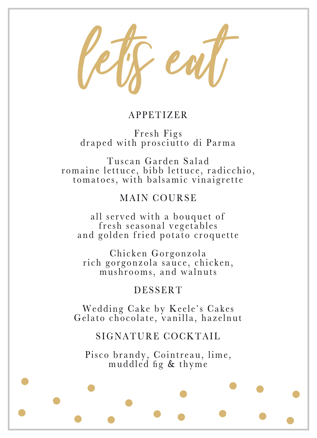 Golden Excitement Wedding Menus