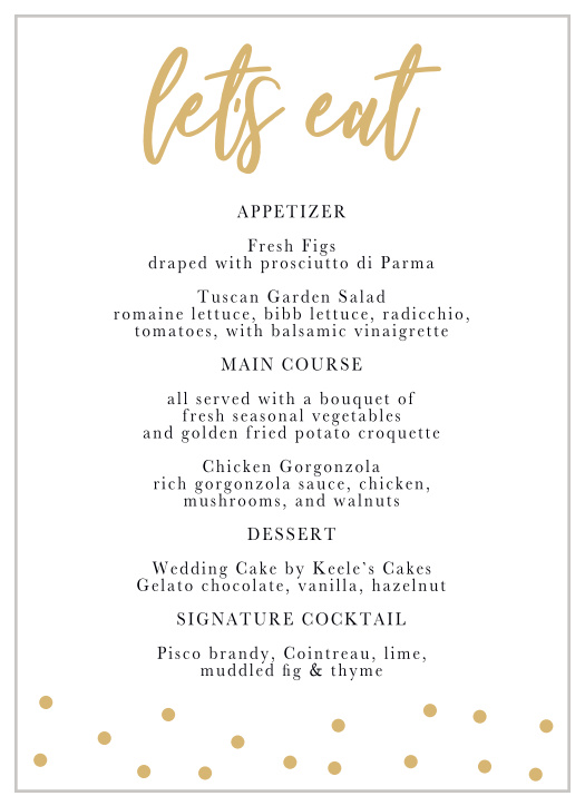 Resplendent, gold foil confetti dances at the edges of our Golden Excitement Wedding Menus.