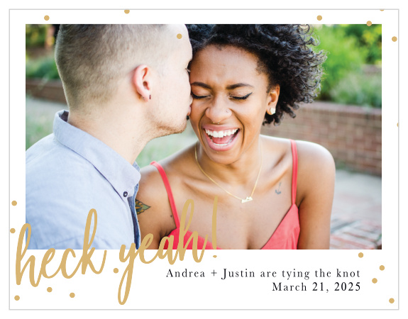 Take a snapshot of your exultant engagement with our Golden Excitement Save the Date Cards!