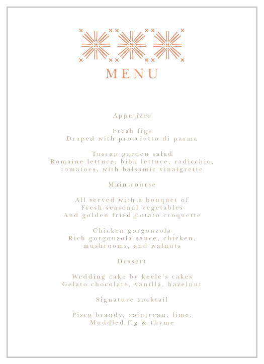 Inform your friends and family what will be served on your wedding day with our Pattern Play Wedding Menus.