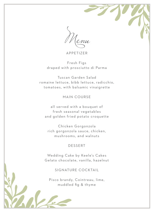 You'll love the modern simplicity of our Fern Flock Wedding Menus.