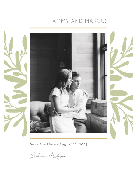 Modern, funky groups of leaves adorn the sides of your photo on the Fern Flock Save-the-Date Cards.