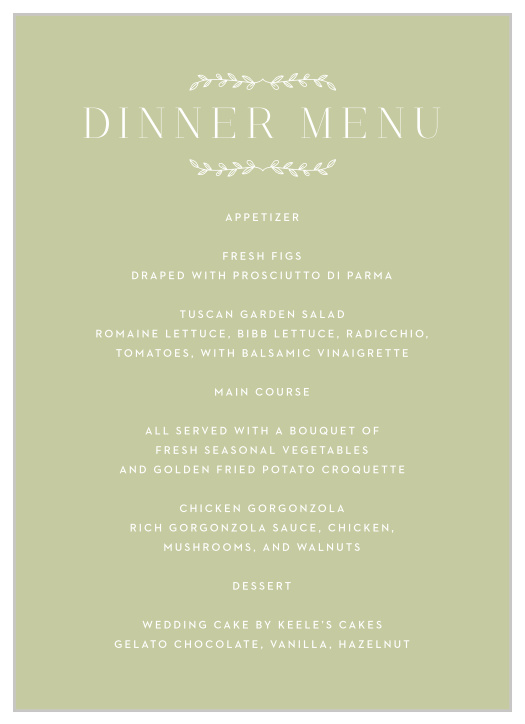 The Leafy Accents Wedding Menus feature a light green background that complements the green of the leaf illustrations that you see in the other items in this package.