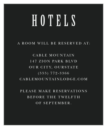 The minimalist, black and white design displayed on the Simply Spoken Accommodation Cards makes them an elegant, classic addition to your wedding invitation package.