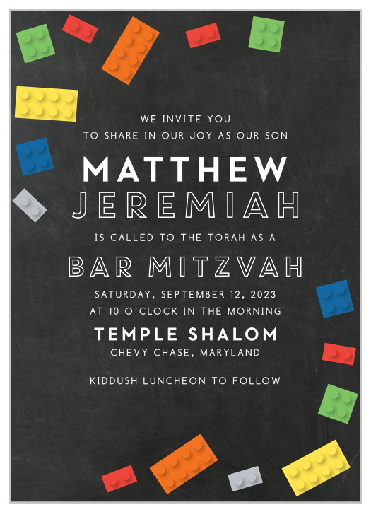 Surround yourself with friends and family as you celebrate your child's coming of age ceremony with our Building Blocks Bar Mitzvah Invitations.