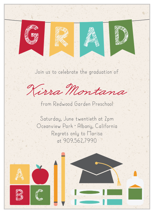 Your little one is graduating!  Let everyone in on the big news with the Preschool Banner Graduation Invitations!  