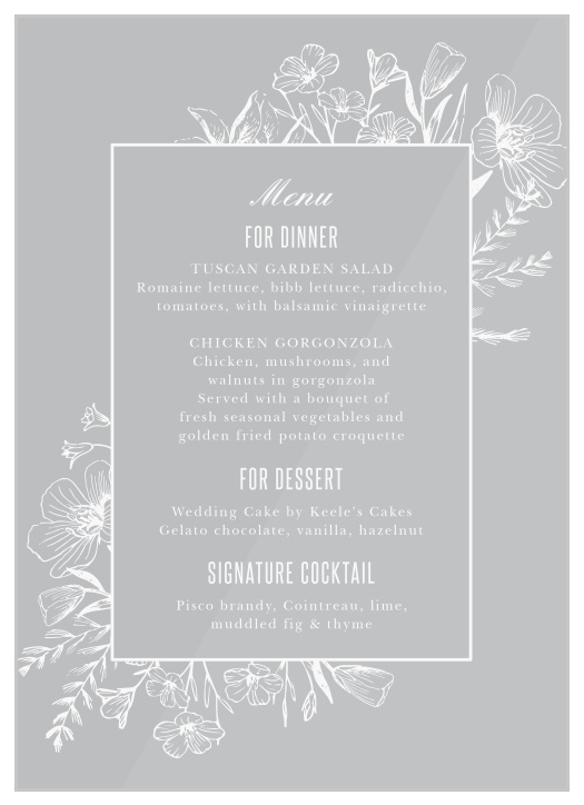 Intricate florals bloom out of the Floral Border Clear Wedding Menus!