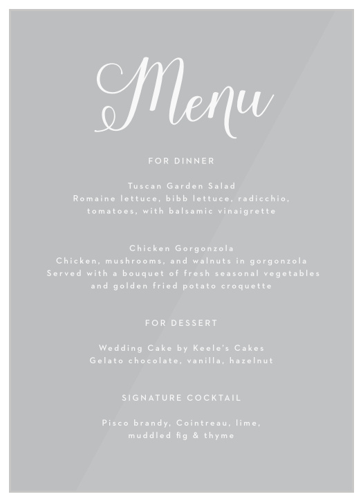 Catch the attention of all your family and friends with the sleek look of our Big Script Clear Wedding Menus on your tables.