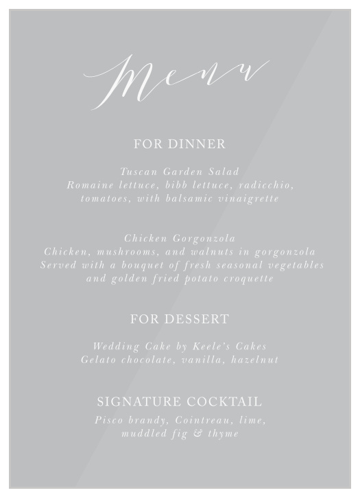 Our elegant Modern Calligraphy Clear Wedding Menus are a perfect mix of simplicity and elegance.