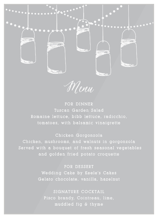 Give that classic fairy tale feeling to your dinner with the Lantern Lights Clear Wedding Menus.