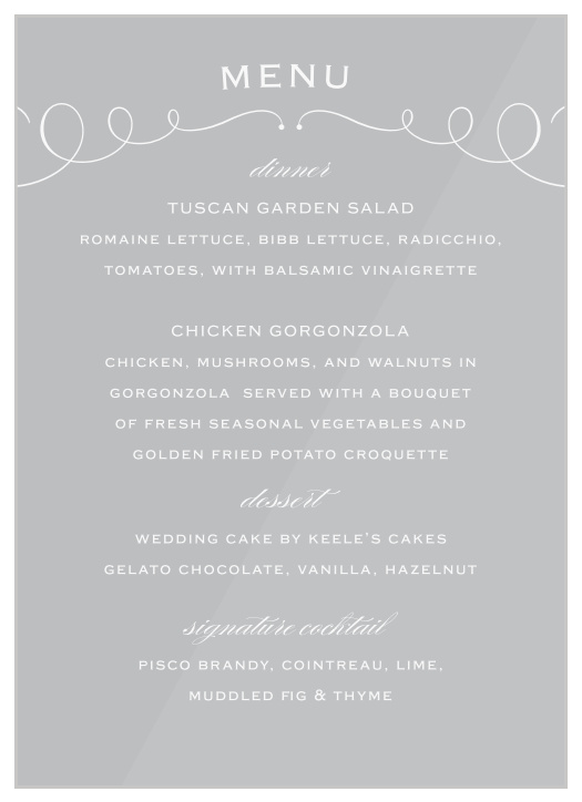 The Swirl Frame Clear Wedding Menus marry classic and modern in this fresh landscape style design.