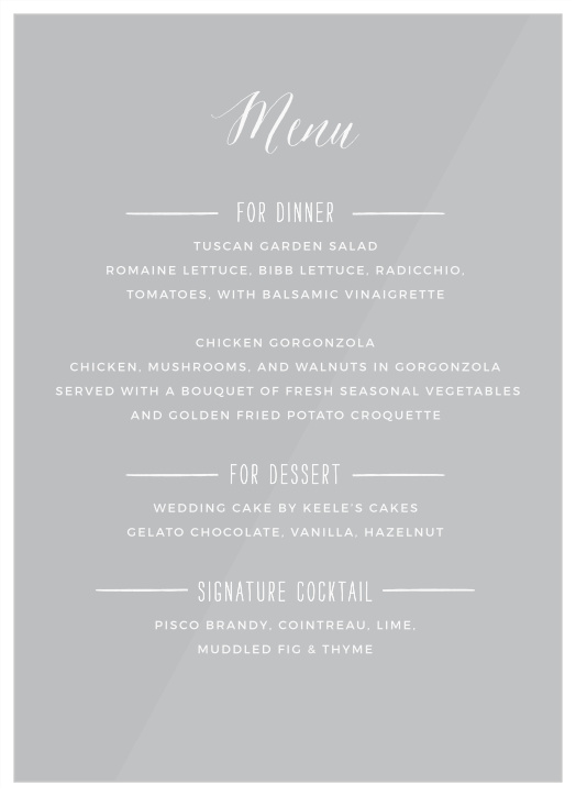 Chalkboard Inscription Clear Menus provide an indescribably beautiful beacon for your guests to know every delicious detail.