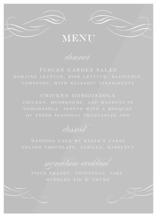 Provide every dinner detail with the irresistible elegance of our Scrolled Frame Clear Wedding Menus.