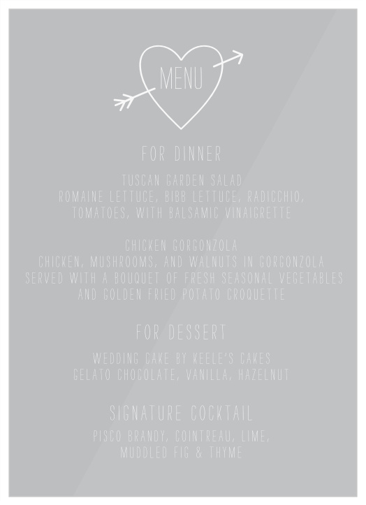 Our Love Struck Clear Wedding Menus are the perfect addition to your big day.