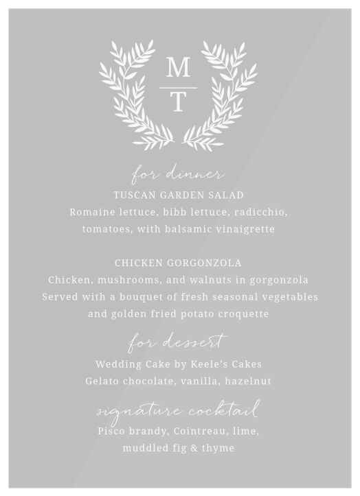 Your monogram is boldly stated and framed by elegant laurels at the top of our Botanical Monogram Clear Wedding Menus.