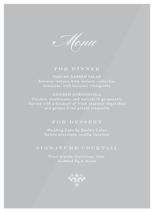Our Scripted Elegance Clear Wedding Menus offer the perfect blend of modern typography and elegant calligraphy to describe every dinner detail.